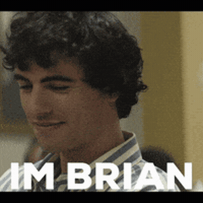 A Man In A Striped Shirt With The Name Brian On The Bottom Right GIF