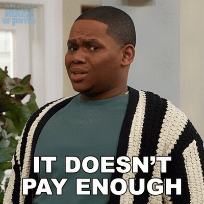 A Man In A Striped Sweater Says It Doesn 'T Pay Enough GIF