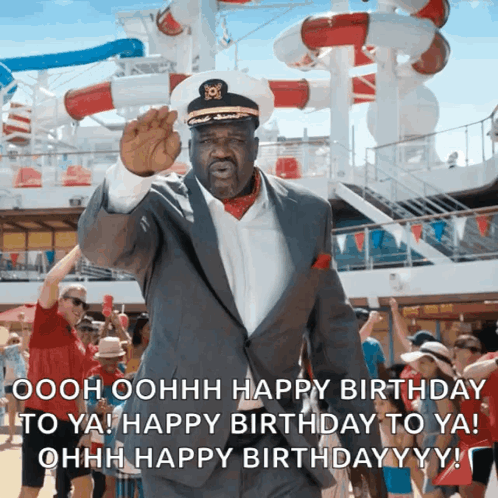 A Man In A Suit And A Captain 'S Hat Says " Ooh Ohhhh Happy Birthday To Ya Happy Birthday To Ya " GIF