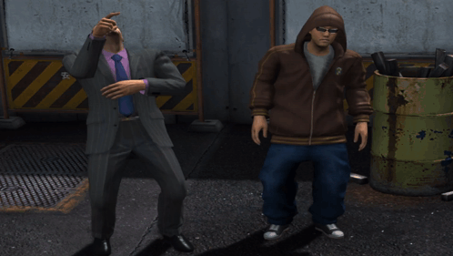 A Man In A Suit And A Man In A Hoodie Are Dancing GIF