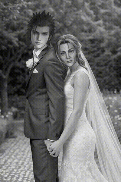 A Man In A Suit And A Woman In A Wedding Dress Are Posing For A Picture GIF