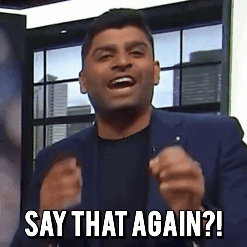 A Man In A Suit And Black Shirt Says " Say That Again " GIF