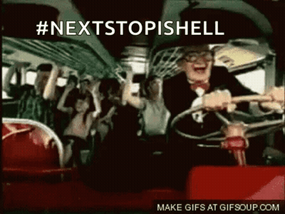 A Man In A Suit And Bow Tie Is Driving A Bus With A Crowd Behind Him And The Caption #Nextstopishell GIF