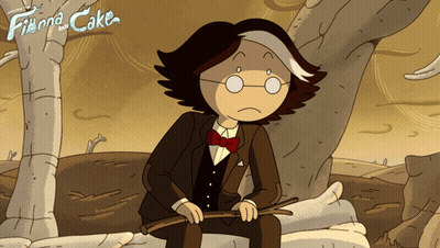 A Man In A Suit And Bow Tie Is Sitting On A Rock With Finna And Cake Written On The Bottom GIF
