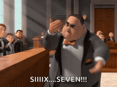 a man in a suit and bow tie is standing in a courtroom and saying " siiiix seven " .