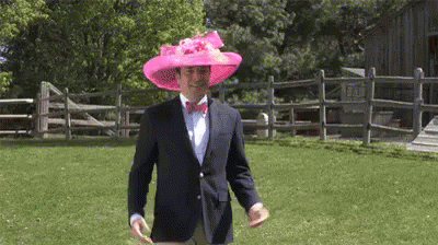 A Man In A Suit And Bow Tie Is Wearing A Pink Hat And Holding A Frisbee . GIF