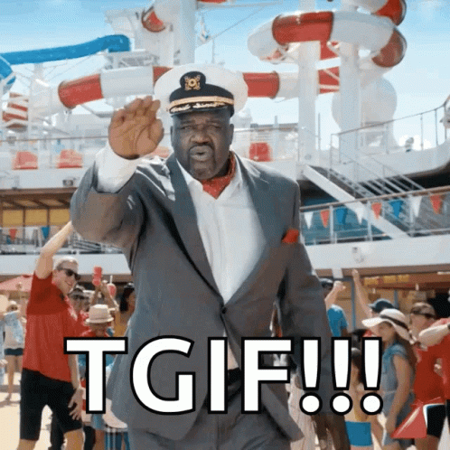 A Man In A Suit And Captain 'S Hat Says Tgif On A Cruise Ship GIF