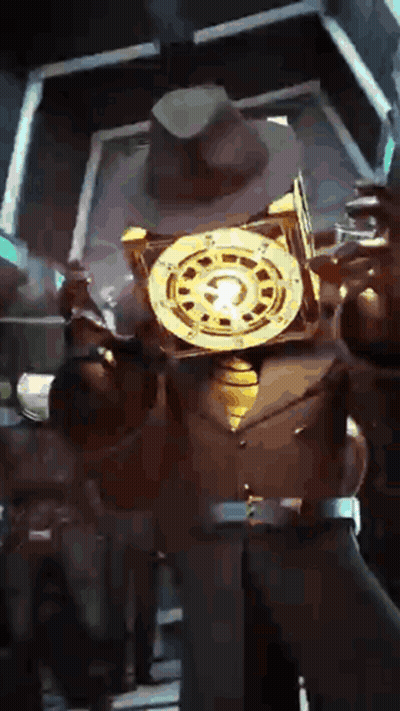 A Man In A Suit And Hat Is Holding A Clock On His Head . GIF