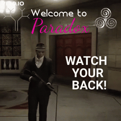 A Man In A Suit And Hat Is Holding A Gun In Front Of A Sign That Says Welcome To Paradox Watch Your Back GIF