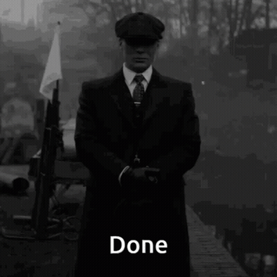 A Man In A Suit And Hat Is Standing In A Black And White Photo With The Word Done On The Bottom . GIF