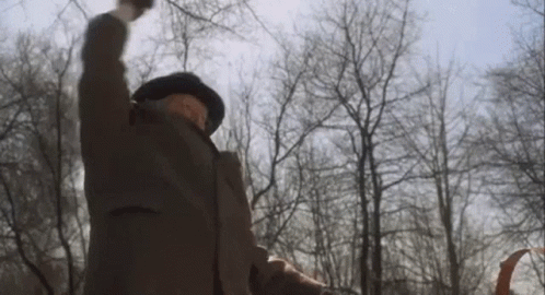 A Man In A Suit And Hat Is Standing In A Park With His Arms In The Air GIF