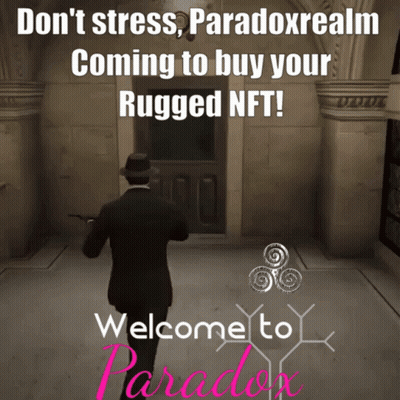 A Man In A Suit And Hat Is Standing In Front Of A Door With The Words Welcome To Paradox GIF