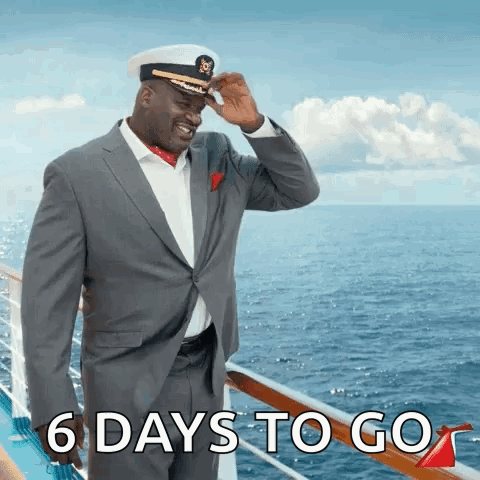 A Man In A Suit And Hat Is Standing On A Boat With The Words 6 Days To Go Below Him GIF