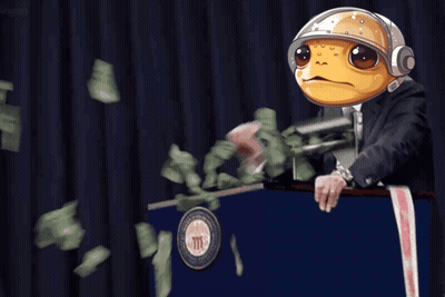 A Man In A Suit And Helmet Stands At A Podium With Money Falling From The Sky GIF
