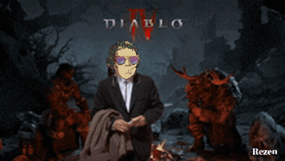 A Man In A Suit And Sunglasses Is Standing In Front Of A Poster For Diablo Iv GIF