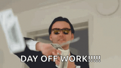 A Man In A Suit And Sunglasses Is Throwing Money In The Air And Saying `` Day Off Work '' . GIF