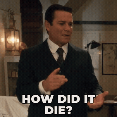A Man In A Suit And Tie Asks How Did It Die GIF