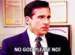 A Man In A Suit And Tie Has The Words No God Please No On His Face GIF