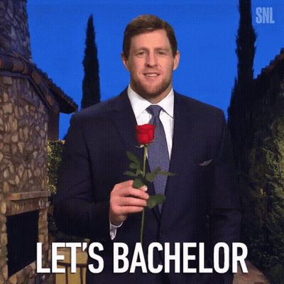 A Man In A Suit And Tie Holding A Rose With The Words Let 'S Bachelor Written Below Him GIF