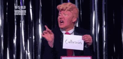 A Man In A Suit And Tie Holding A Sign That Says Collusion GIF