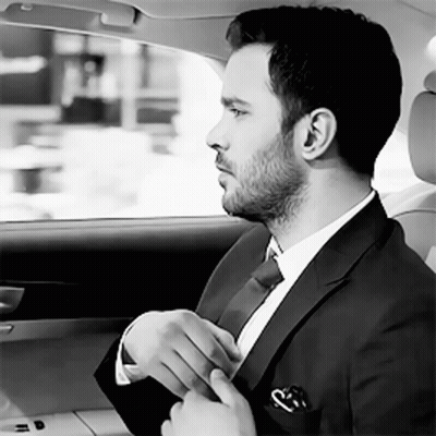 A Man In A Suit And Tie Is Adjusting His Tie In A Car GIF