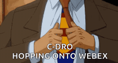 A Man In A Suit And Tie Is Adjusting His Tie With The Words " C-Dro Hopping Onto Webex " Above Him GIF