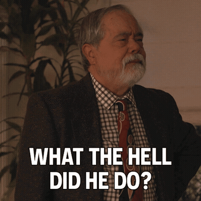 A Man In A Suit And Tie Is Asking " What The Hell Did He Do " GIF