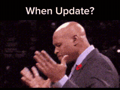 A Man In A Suit And Tie Is Clapping His Hands With The Words " When Update " Above Him . GIF