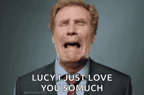 A Man In A Suit And Tie Is Crying With The Words Lucy I Just Love You So Much Above Him GIF