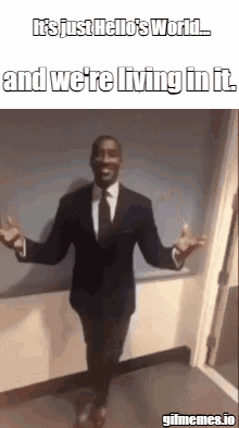 A Man In A Suit And Tie Is Dancing In A Hallway With His Arms Outstretched . GIF