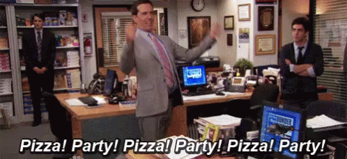 A Man In A Suit And Tie Is Dancing In An Office With The Words Pizza Party Written Below Him GIF