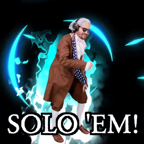 A Man In A Suit And Tie Is Dancing In Front Of A Blue Circle That Says Solo Em GIF