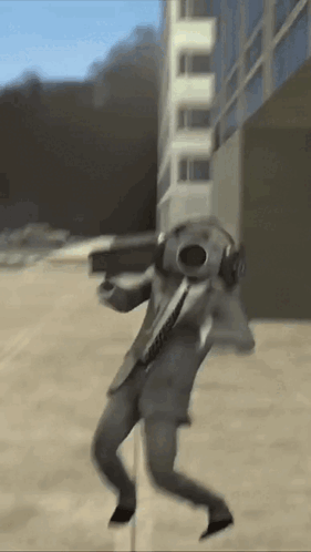 A Man In A Suit And Tie Is Dancing In Front Of A Building While Wearing Headphones And Holding A Gun . GIF