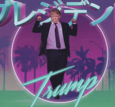 A Man In A Suit And Tie Is Dancing In Front Of A Circle That Says Trump GIF