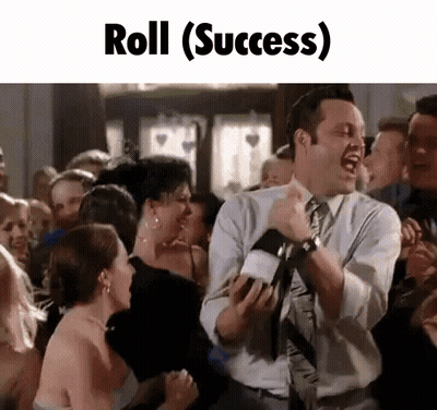 A Man In A Suit And Tie Is Dancing In Front Of A Crowd With The Words Roll ( Success ) Written Above Him . GIF