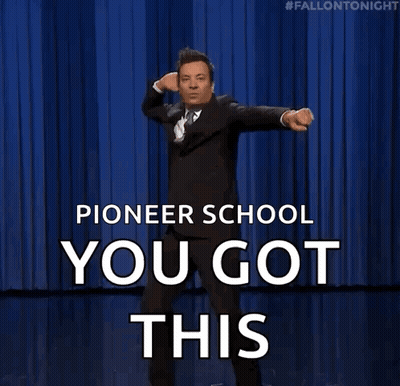 A Man In A Suit And Tie Is Dancing On A Stage And Says Pioneer School You Got This . GIF