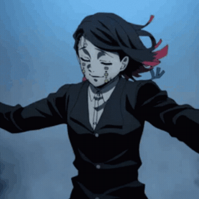 A Man In A Suit And Tie Is Dancing With His Arms Outstretched And His Eyes Closed . GIF
