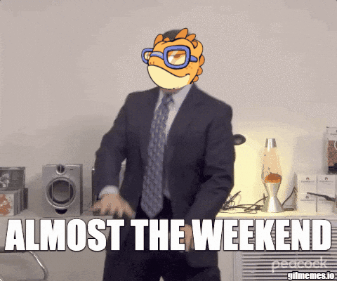 A Man In A Suit And Tie Is Dancing With The Words " Almost The Weekend " Below Him GIF