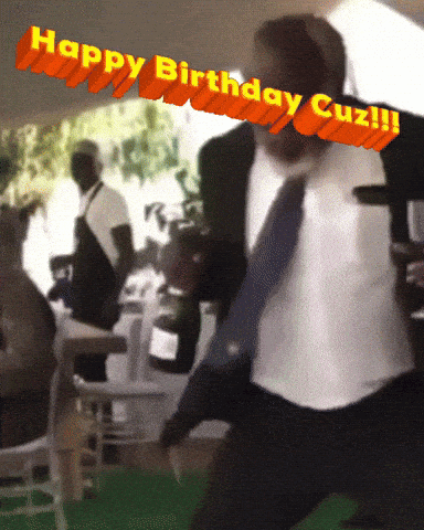 A Man In A Suit And Tie Is Dancing With The Words Happy Birthday Cuz Written Above Him GIF