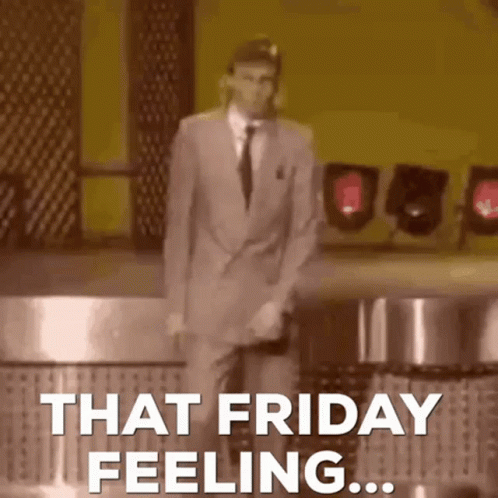 A Man In A Suit And Tie Is Dancing With The Words That Friday Feeling Behind Him . GIF
