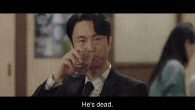 A Man In A Suit And Tie Is Drinking A Glass Of Whiskey And Says He 'S Dead . GIF