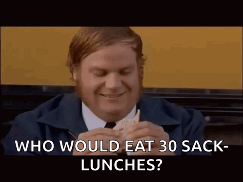 A Man In A Suit And Tie Is Eating A Sandwich And Asking Who Would Eat 30 Sack Lunches . GIF