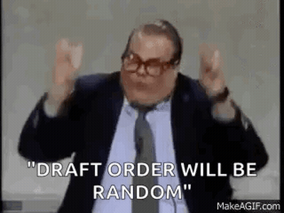 A Man In A Suit And Tie Is Giving A Speech And Saying `` Draft Order Will Be Random `` . GIF