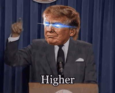 A Man In A Suit And Tie Is Giving A Speech And The Word Higher Is On The Front GIF