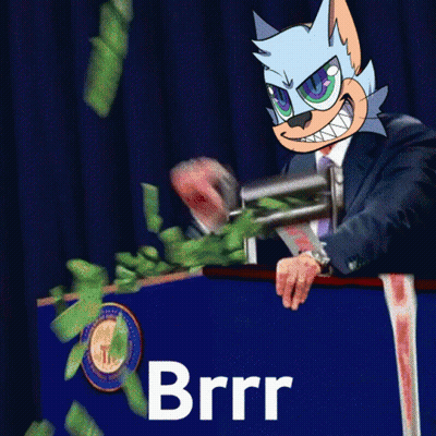 A Man In A Suit And Tie Is Giving A Speech While Money Is Falling Around Him And The Word Brrr Is On The Bottom GIF