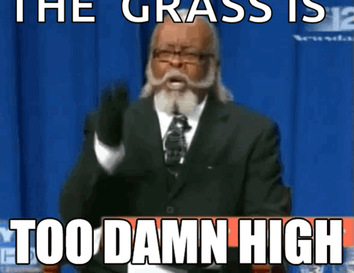 A Man In A Suit And Tie Is Giving A Speech With The Words " The Grass Is Too Damn High " Above Him GIF