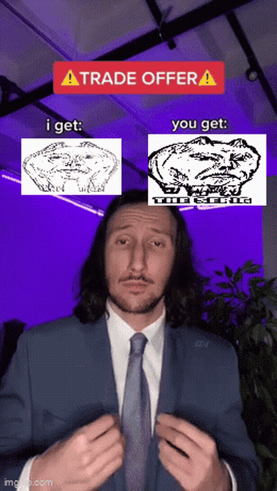 A Man In A Suit And Tie Is Giving A Trade Offer To Someone GIF