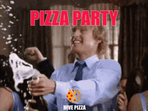 A Man In A Suit And Tie Is Holding A Bottle Of Champagne And Says Pizza Party In Red GIF