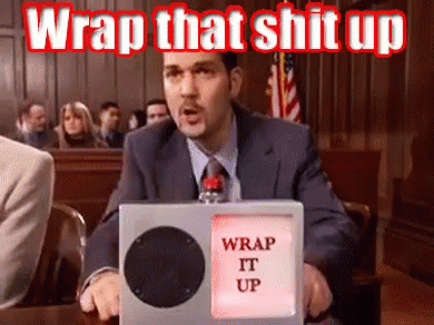 A Man In A Suit And Tie Is Holding A Box That Says " Wrap That Shit Up " GIF