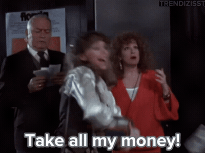 A Man In A Suit And Tie Is Holding A Bunch Of Money While A Woman In A Red Jacket Says Take All My Money GIF